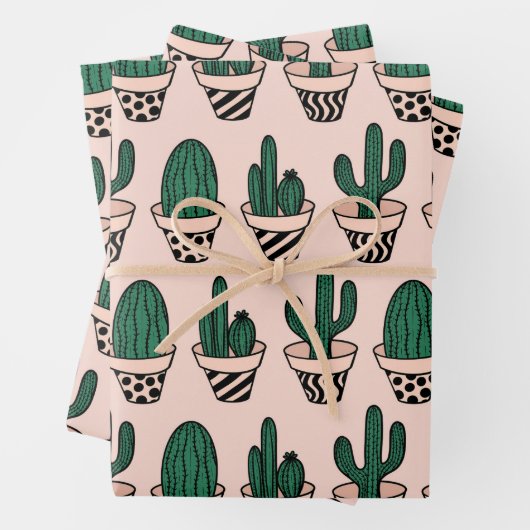Cute Modern Roze Green Potted Cactus Pattern Inpakpapier Vel (In situ)