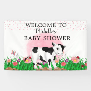 Cute Moderne Roze Bloemkoe Baby Shower     Spandoek