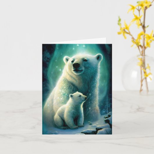 Cute Moeder Polar Beer en Cub Illustration Kaart (Gele Bloem)