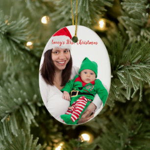 Cute Mom Baby In Elf Costume Foto First Christmas Keramisch Ornament