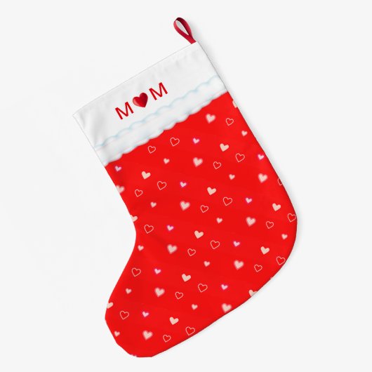 Cute Mom with Heart & Heart Pattern on Red Grote Kerstsok (Achterkant (Hangend))