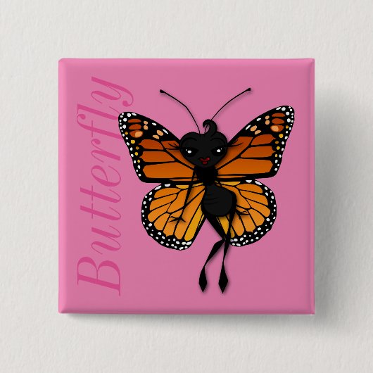 CUTE MONARCH BUTTERFLFLY LADY SQUARE BUTTON (Voorkant)