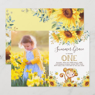 Cute Monkey 1st Birthday Sunflower Gold Greenery Kaart