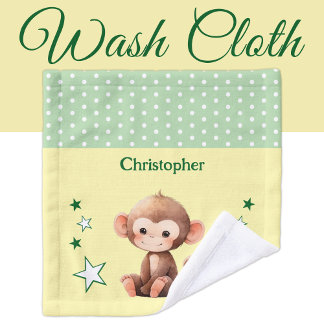 Cute monkey add name polka dots stars green washandje