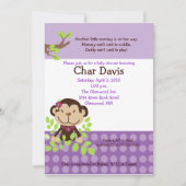 Cute Monkey Baby shower Invitation Girly Paars Kaart (Voorkant)