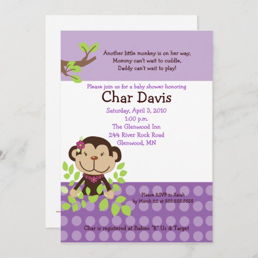 Cute Monkey Baby shower Invitation Girly Paars Kaart (Voorkant / Achterkant)