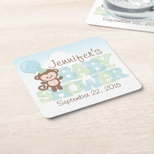 Cute Monkey, blauw en groen Baby shower Vierkante Kartonnen Onderzetter (Schuin)