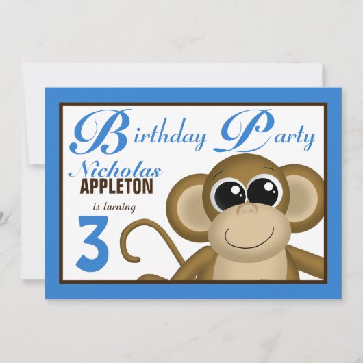 Cute Monkey Blue Anniversaire Fête Invitations (Devant)