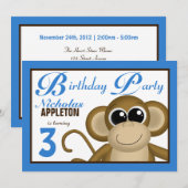 Cute Monkey Blue Anniversaire Fête Invitations (Devant / Derrière)