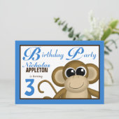 Cute Monkey Blue Birthday Party Kaart (Staand voorkant)