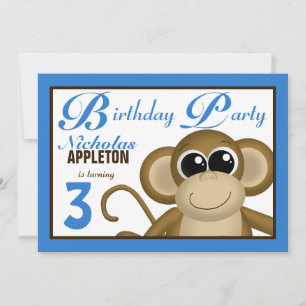 Cute Monkey Blue Birthday Party Kaart