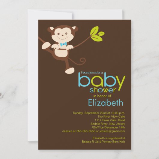 Cute Monkey Boy Baby shower Invitation Kaart (Voorkant)