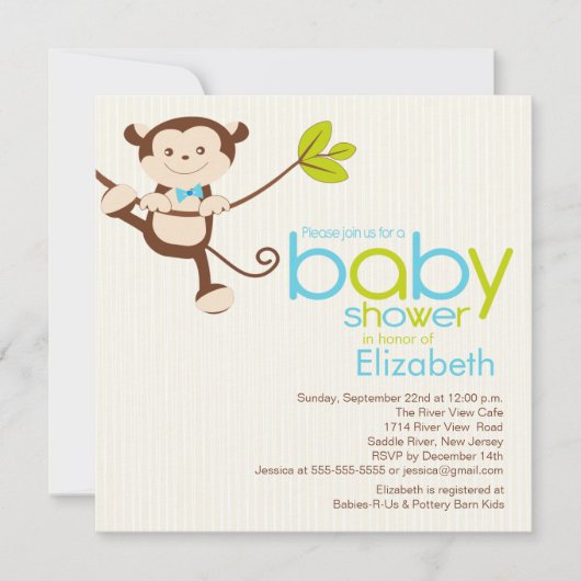 Cute Monkey Boy Baby shower Invitation Kaart (Voorkant)