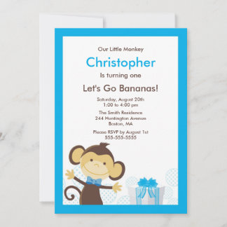 Cute Monkey Boy Birthday Invitation Kaart