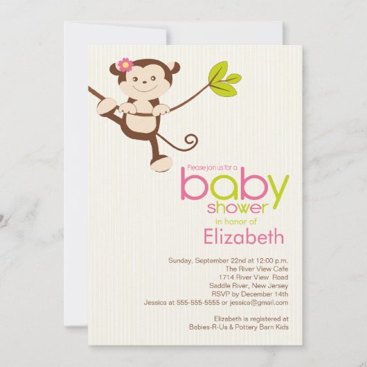 Cute Monkey Girl Baby shower Invitation Kaart (Voorkant)