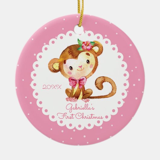 Cute Monkey Girl Baby's First Kerstversiering Keramisch Ornament (Voorkant)