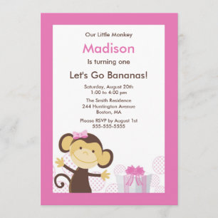 Cute Monkey Girl Birthday Invitation Kaart