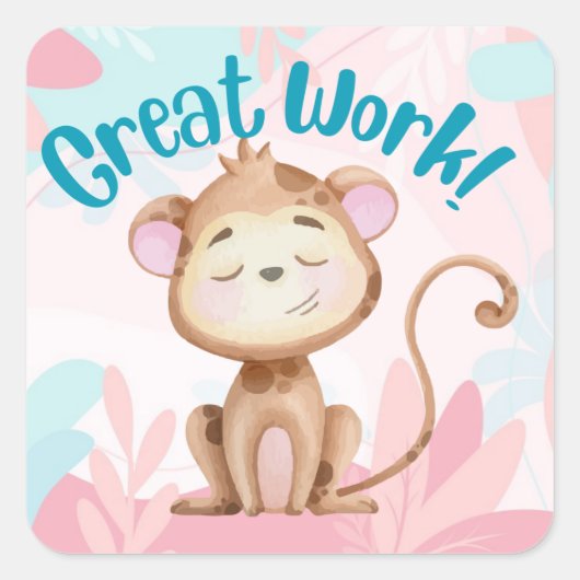 Cute Monkey Great Work Teacher Student Reward Vierkante Sticker (Voorkant)