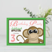 Cute Monkey Green Pink Invitations de fête d'anniv (Debout devant)