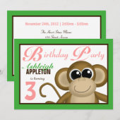 Cute Monkey Green Pink Invitations de fête d'anniv (Devant / Derrière)