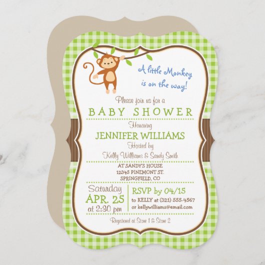 Cute Monkey; Jungle Thème Baby shower Invitation (Devant / Derrière)