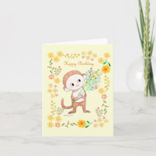 Cute Monkey met bloemen Schattig Happy Birthday Kaart