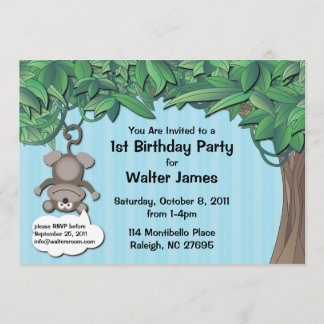Cute Monkey Oerwoud Birthday Party Blue Invitation Kaart