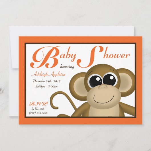 Cute Monkey Oranje Baby Shower-uitnodigingen Kaart (Voorkant)