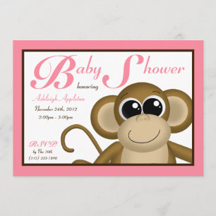 Cute Monkey Pink Baby Shower Invitations Kaart