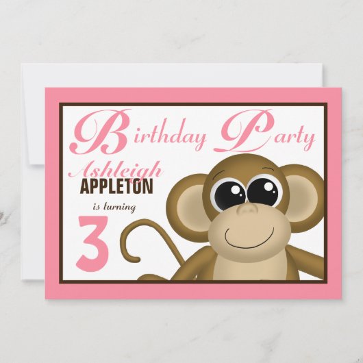 Cute Monkey Pink Birthday Party Invitations Kaart (Voorkant)