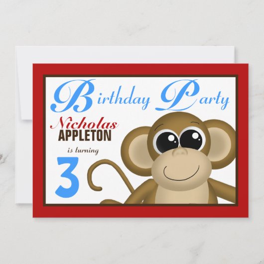 Cute Monkey Red & Blue Anniversaire Invitations (Devant)