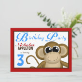 Cute Monkey Red & Blue Anniversaire Invitations (Debout devant)