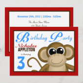 Cute Monkey Red & Blue Anniversaire Invitations (Devant / Derrière)