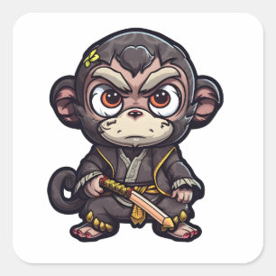 Cute Monkey Samurai Eye Catching Schattig Monkey Vierkante Sticker