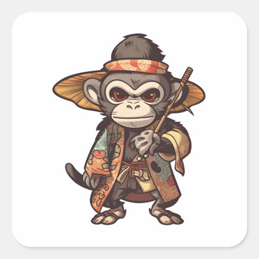 Cute Monkey Samurai Eye Catching Schattig Monkey Vierkante Sticker (Voorkant)