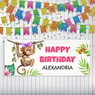 Cute Monkey Tropical Oerwoud Child's Happy Birthda Spandoek