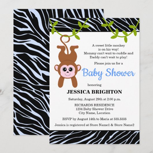 Cute Monkey Zebra Stripes Baby shower Kaart (Voorkant / Achterkant)