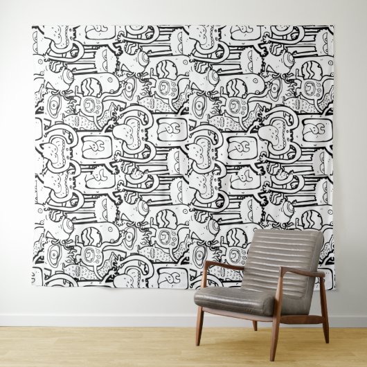 Cute Monochrome Doodle Monster Pattern Wandkleed (In Situ (horizontaal))