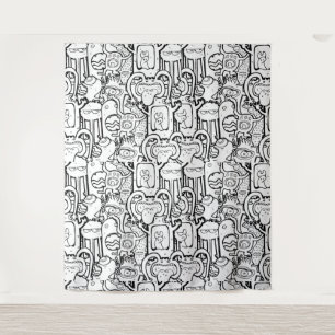 Cute Monochrome Doodle Monster Pattern Wandkleed