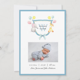 Cute Monogram Crest met Animals Boy Birth Aankondiging
