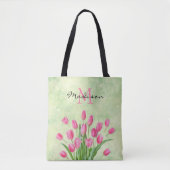Cute Monogram Floral Spring Pink Tulip Bouquet Draagtas (Voorkant)