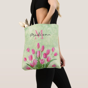 Cute Monogram Floral Spring Pink Tulip Bouquet Draagtas