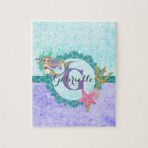 Cute Monogram Mermaid Blauwgroen en Paarse Waterve Legpuzzel