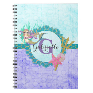 Cute Monogram Mermaid Blauwgroen en Paarse Waterve Notitieboek