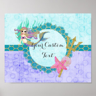 Cute Monogram Mermaid Blauwgroen en Paarse Waterve Poster