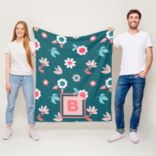 Cute Monogram Modern Pink and Blauwgroen Floral Pa Fleece Deken
