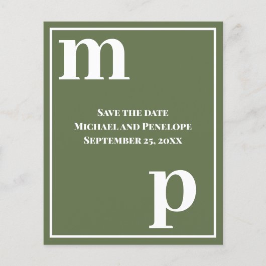 Cute Monogram Olive Green Budget Save the Date Flyer (Voorkant)