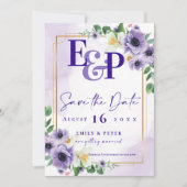 Cute Monogram Paarse Floral Wedding Save the Date (Voorkant)