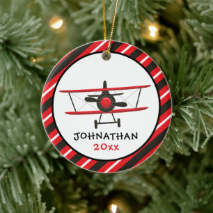 Cute Monogram Red Airplane Stripe Kerstmis Keramisch Ornament