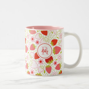 Cute Monogram Red Strawberry Flower Tweekleurige Koffiemok
